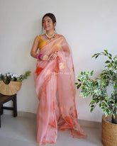 Gazing Soft Peach Rose Printed Pure Organza Saree
